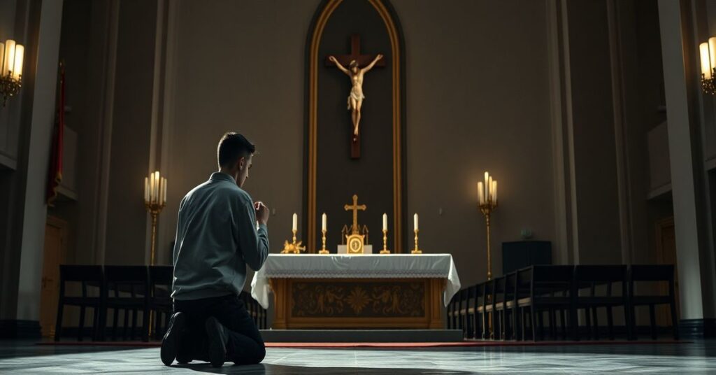 Młodzi katolicy modlący się podczas tradycyjnej Mszy Trydenckiej w kontrastowym otoczeniu nowoczesnej architektury kościelnej