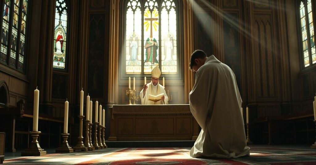 Młody katechumen modli się w katedrze w Chartres podczas Mszy św. w rituału trydenckim.