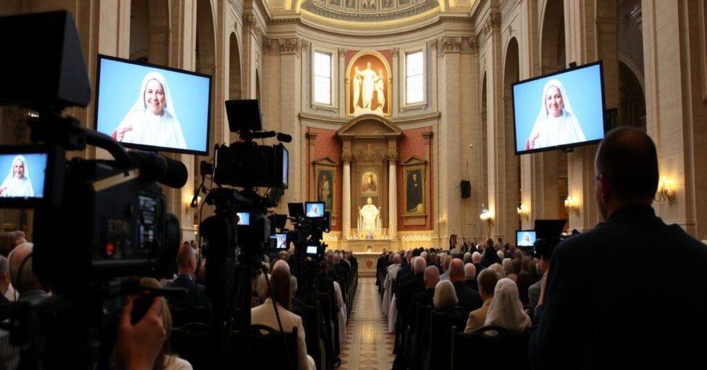Wnętrze bazyliki św. Piotra podczas mszy Novus Ordo upamiętniającej 10-letnią rocznicę śmierci Matki Angielicy, z widocznymi kamerami EWTN i ekranami wyświetlającymi jej obraz.