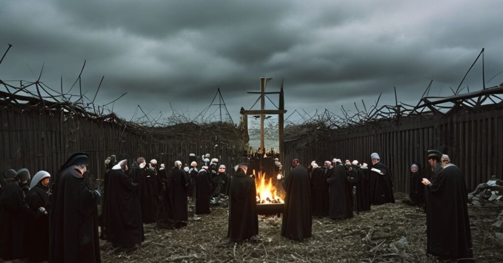 Tradycyjna katolicka msza w ruinach obozu Auschwitz-Birkenau z księżmi w szatach liturgicznych