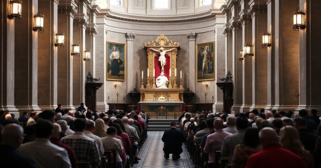 Sobotni moment podczas mszy w Bazylice św. Piotra w Rzymie z tradycyjną architekturą katolicką.