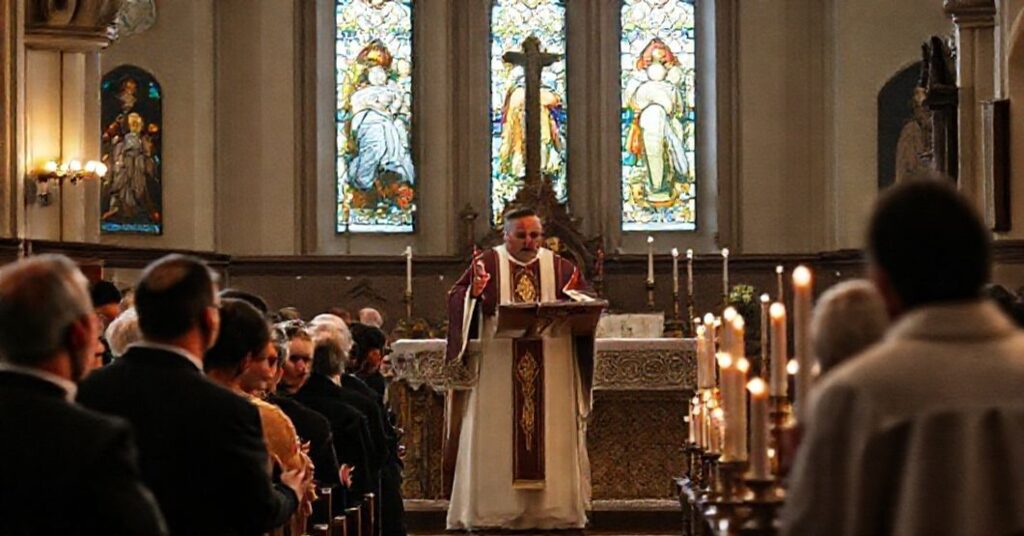Tradcyjna msza w Falenice z "abp" Wojciechem Polakiem na kazalnicy, congregacja w tradycyjnym stroju katolickim.