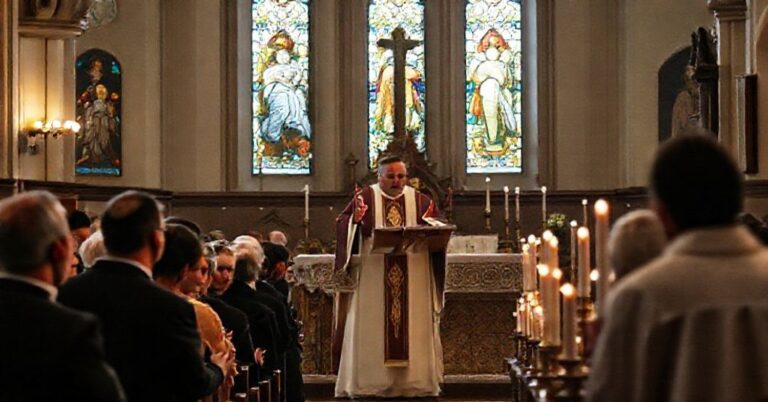 Tradcyjna msza w Falenice z "abp" Wojciechem Polakiem na kazalnicy, congregacja w tradycyjnym stroju katolickim.