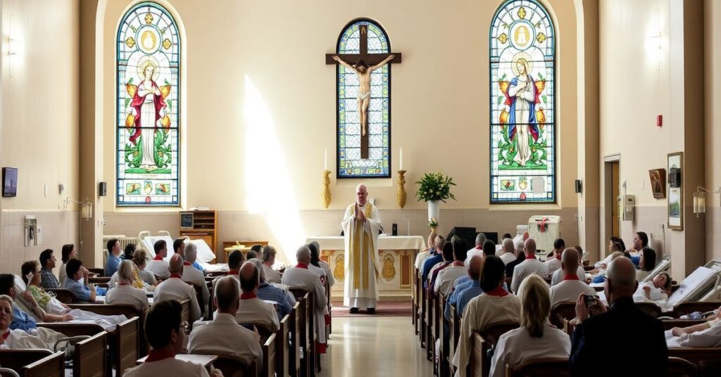 Sobór liturgiczny w kaplicy hospicyjnej z biskupem w pełnym stroju liturgicznym i pacjentami. Scena podkreśla cierpienie zjednoczone z Chrystusem i miłosierdzie Boże.