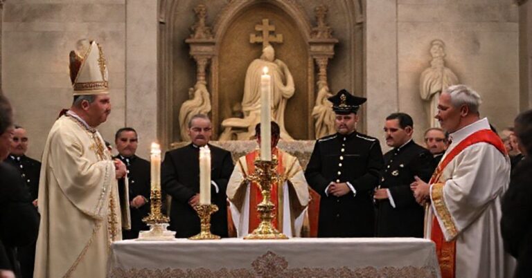 Zdjęcie przedstawiające naruszenie liturgii katolickiej podczas patriotycznego wydarzenia w Świątyni Opatrzności Bożej w Warszawie.