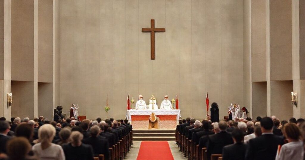 Pomnikowa inscenizacja Mszy Świętej w modernistycznej katedrze w Ełku z udziałem "bpa" Jerzego Mazura i "ks. kana." Marka Bednarskiego