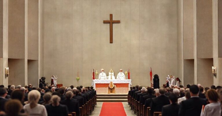 Pomnikowa inscenizacja Mszy Świętej w modernistycznej katedrze w Ełku z udziałem "bpa" Jerzego Mazura i "ks. kana." Marka Bednarskiego