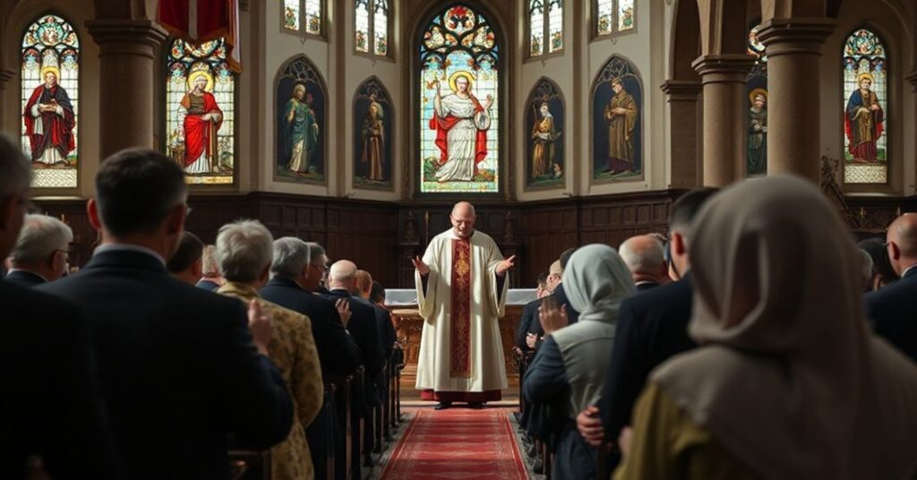 Sobótna msza w starym kościele polskim z tradycyjnym strojem kapłańskim i modlącymi się wiernymi