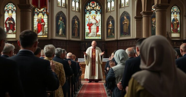 Sobótna msza w starym kościele polskim z tradycyjnym strojem kapłańskim i modlącymi się wiernymi