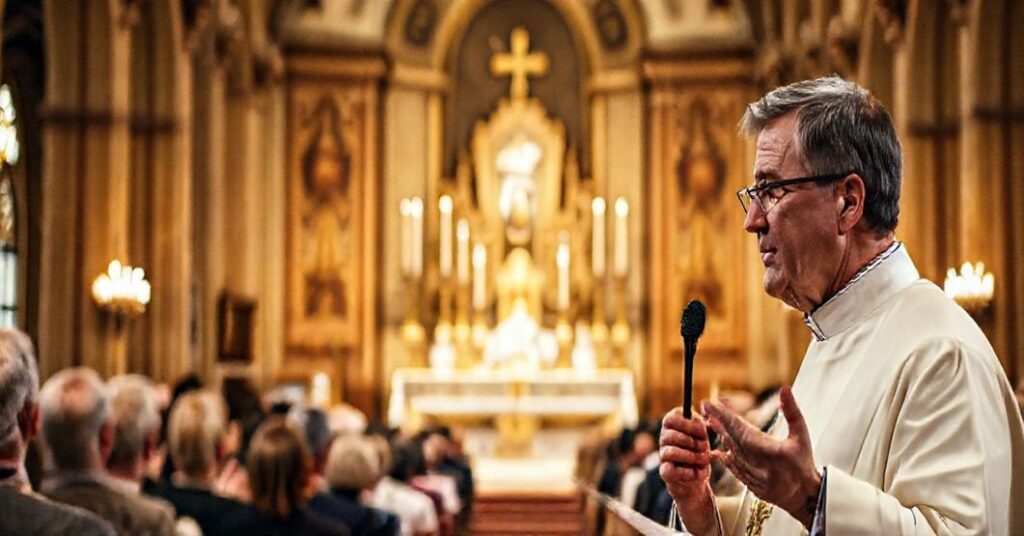 Tradycyjna msza katolicka w kościele z akcentem na ołtarzu i ofierze świętej, kontrastującą z modernym duchownym rozmówującym z politykami.