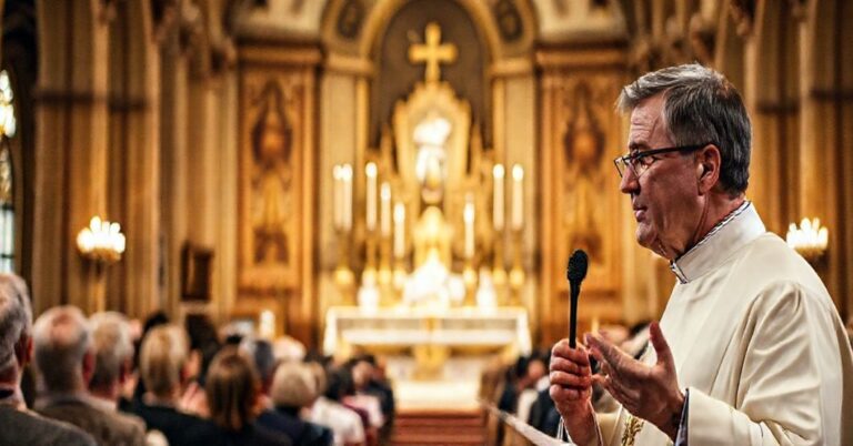 Tradycyjna msza katolicka w kościele z akcentem na ołtarzu i ofierze świętej, kontrastującą z modernym duchownym rozmówującym z politykami.