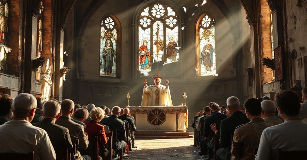 Pobożna msza w zniszczonym polskim kościele z podniesionym hostią i modlącymi się wiernymi.