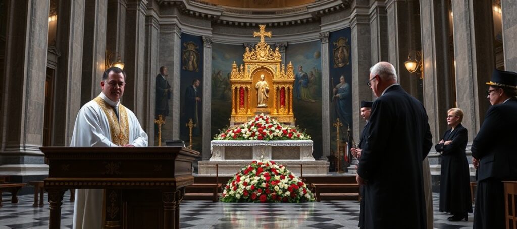 Wnętrze Bazylicy św. Piotra z ołtarzem i celebracją Mszy Nowego Porządku; Prezydent Karol Nawrocki składa kwiaty przy grobie Karola Wojtyły; słaba refleksja teologiczna.