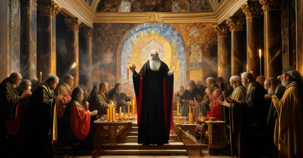 Ciemna, uroczysta msza w bazylice św. Jana na Lateranie z biskupem w tradycyjnych szatach liturgicznych otoczonym klęczącymi kapłanami.