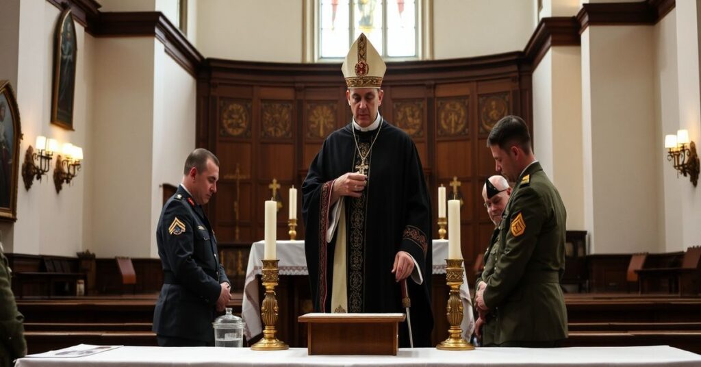 Wnętrze kościoła z Mszy Popełudniowej z udziałem biskupa w mundurze wojskowym i świętym popiołu.