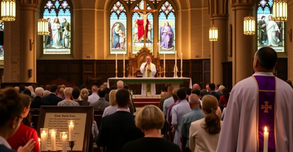 Kolekcja zdjęć przedstawiających tradycyjną katolicką mszę wymierną za zmarłych w kościele w dzień Wszystkich Świętych