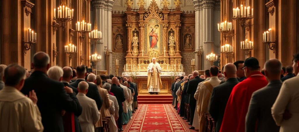 Tradycyjna msza święta w bazylice katedralnej w Sandomierzu z okazji 50. rocznicy śmierci bp. Franciszka Jopa. Wierni klękają w modlitwie przed ołtarzem podczas Najświętszego Sakramentu.