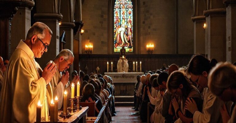 Tradycyjna katolicka msza za duszę ofiar wypadków drogowych w kościele, z kapłanami w tradycyjnych szatach liturgicznych i zrozumiałymi wiernymi w modlitwie.