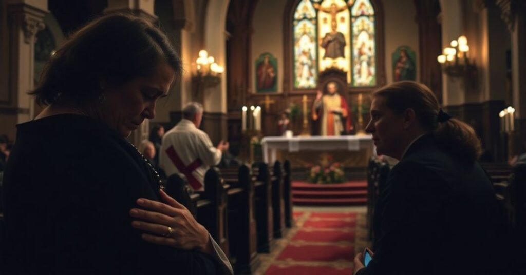 Pobłogosławiony kościół katolicki z kapłanem celebrującym mszę świętą, na pierwszym planie smętna matka modląca się z różańcem, podkreślając tragikę aborcji i potrzebę pokuty.