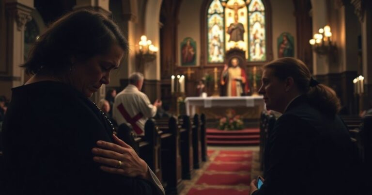 Pobłogosławiony kościół katolicki z kapłanem celebrującym mszę świętą, na pierwszym planie smętna matka modląca się z różańcem, podkreślając tragikę aborcji i potrzebę pokuty.
