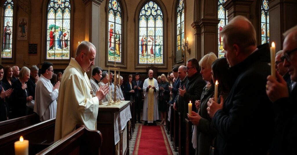Uroczysta msza catolicka za ofiary katastrofy w Katowicach, przedstawiająca tradycyjny kościół z kapłanem w liturgicznych szatach, modlącym się za dusze zmarłych.