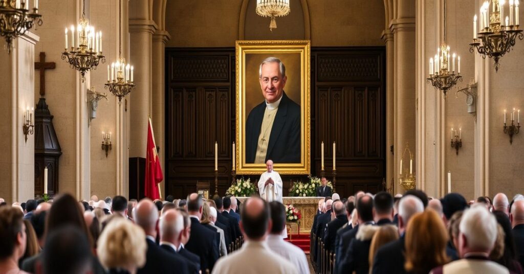 Pogrzeb ambasadora Piotra Nowiny-Konopki w rzymskim kościele św. Stanisława; tradycyjna katolicka msza żałobna z modernistycznym akcentem.