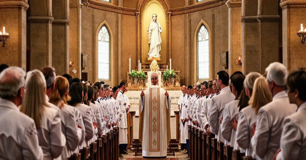 Tradycyjna katolicka msza z udziałem pracowników służby zdrowia, z kapłanem w tradycyjnych szatach i statuą Matki Bożej w tle.