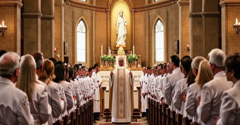 Tradycyjna katolicka msza z udziałem pracowników służby zdrowia, z kapłanem w tradycyjnych szatach i statuą Matki Bożej w tle.