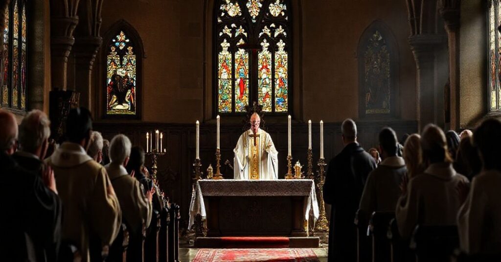 Tradycyjna katolicka msza za Wszystkich Świętych z wiernymi w modlitwie, podkreślająca heroiczny duch świętych i nadprzyrodzony wymiar wiary.