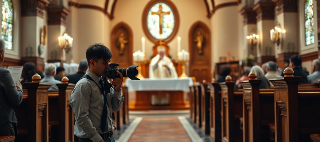 Wnętrze tradycyjnej parafii katolickiej podczas uroczystej mszy świętej w Ząbkowicach Śląskich. Fotografuje liturgię z szacunkiem.