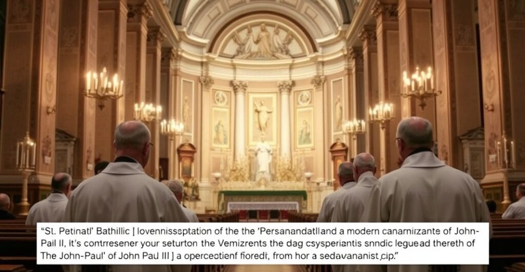 Reverentne ujęcie tradycyjnej Mszy w Bazylice św. Piotra, ukazujące krytyczną postawę wobec kontrowersji wokół kanonizacji Jana Pawła II, z naciskiem na liturgiczną powagę i katolicką autentyczność.