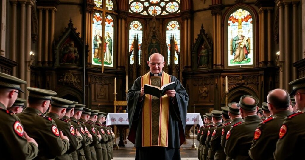 Tradycyjski mszał w kościele katolickim z żołnierzami modlącymi się w tradycyjnym kościele katolickim