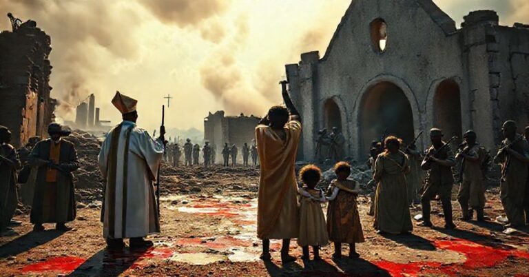 Grupa katoliccy mśczeństwa modlący się przed zniszczonym kościołem w Nigerii podczas prześladowań