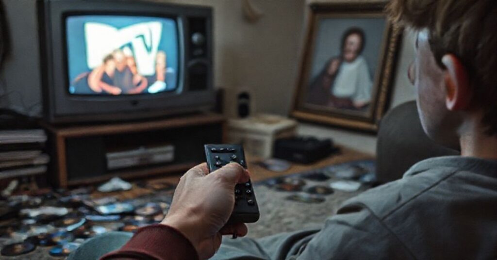 Osoba patrząca na telewizję z programami MTV, symbolizując upadek moralny i duchowy pod wpływem antykulturowej rewolucji.