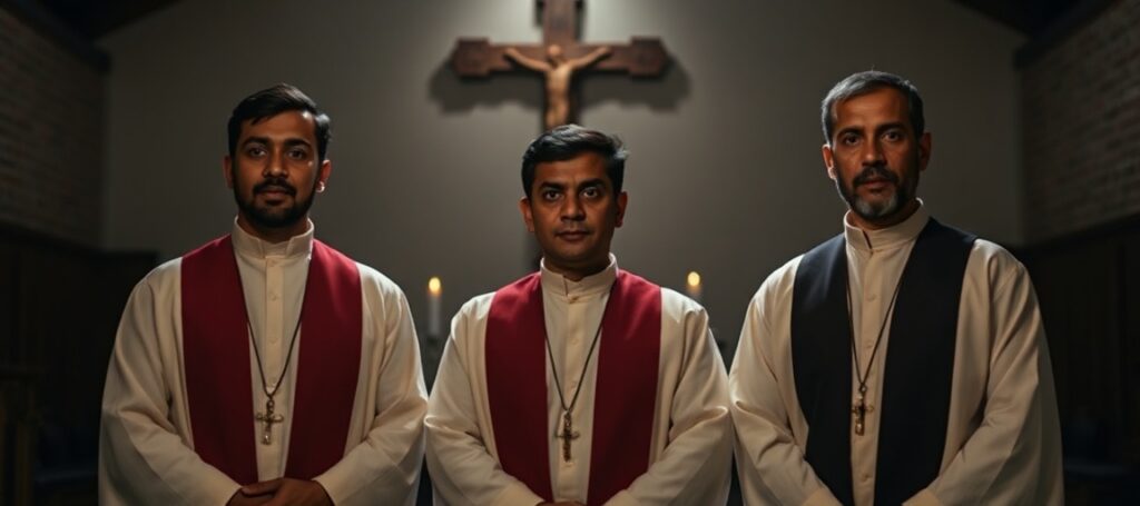Trzej salezjanie w liturgicznych szatach w kaplicy nowicjatu Ngarian Hills, chroniący nowicjuszy podczas etnicznych przemocy w Manipur