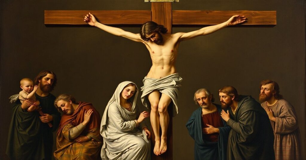 Obraz przedstawiający Mękę Pańską w tradycyjnym stylu katolickim, ukazujący Chrystusa na Krzyżu z Matką Boską i św. Janem u stóp krzyża.