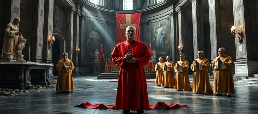 Kardynał Gerhard Müller i biskupi FSSPX w zrujnowanym wnętrzu bazyliki watykańskiej podczas kontrowersyjnych święceń w Ecône - symbol upadku posoborowego Kościoła