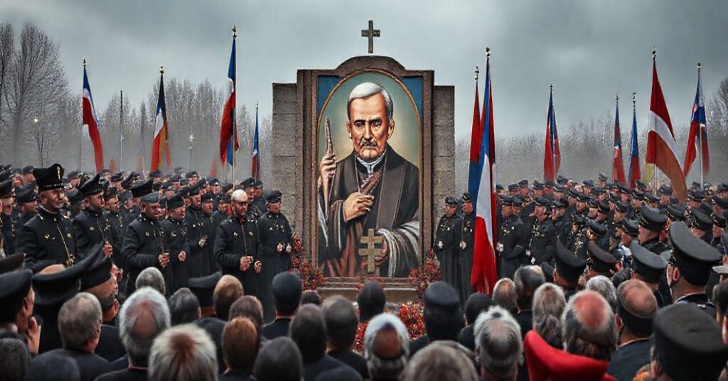 Realistyczny obraz odsłonięcia muralu ku czci ks. Franciszka Blachnickiego w Bogdankach z udziałem wojskowych i przedstawicieli Instytutu Pamięci Narodowej.