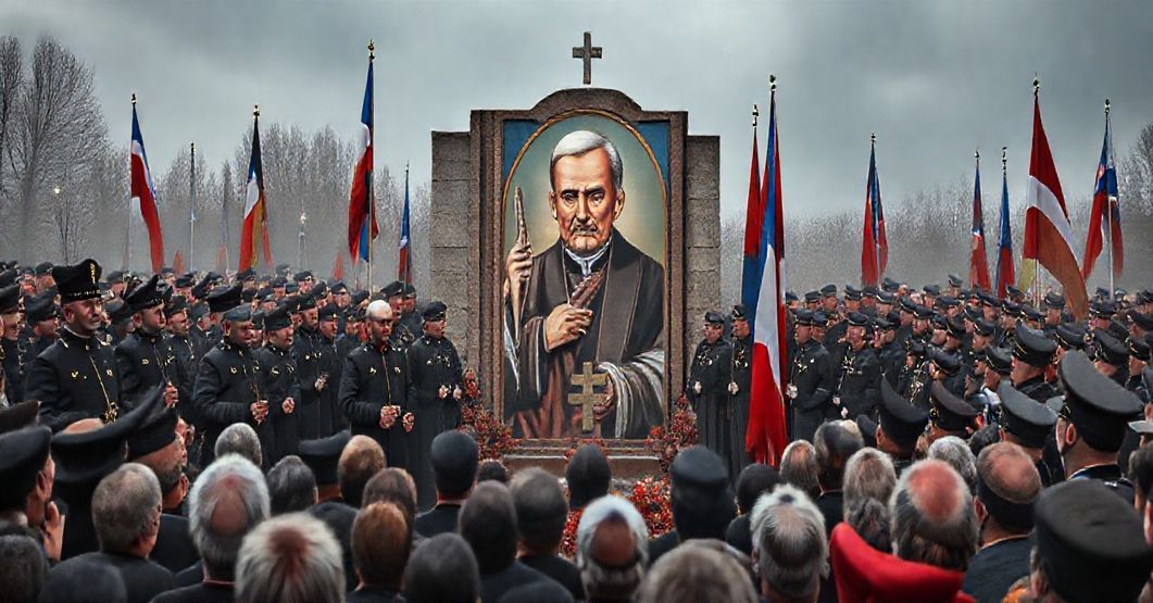 Realistyczny obraz odsłonięcia muralu ku czci ks. Franciszka Blachnickiego w Bogdankach z udziałem wojskowych i przedstawicieli Instytutu Pamięci Narodowej.