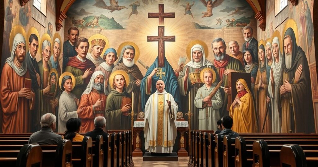 Realistyczny, pełen szacunku mural katolicki w historycznym kościele, przedstawiający imigrantów i świętych, z kapłanem odprawiającym Mszę, ukazujący autentyczną religijność i krytykę modernistycznych trendów