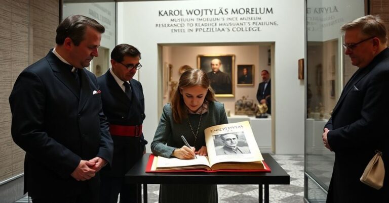 Obraz przedstawiający kontrowersyjne otwarcie modernistycznego muzeum poświęconego Karolowi Wojtyle w Kolegium Polskim w Rzymie.