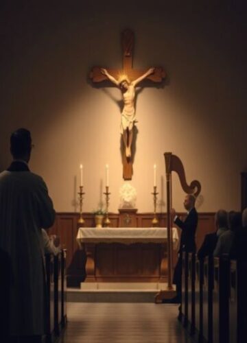 Muzyczna Adoracja Krzyża - Pustka Duszna Ciemny wnętrze kościoła z krzyżem na ołtarzu i nieobecnością Najświętszego Sakramentu