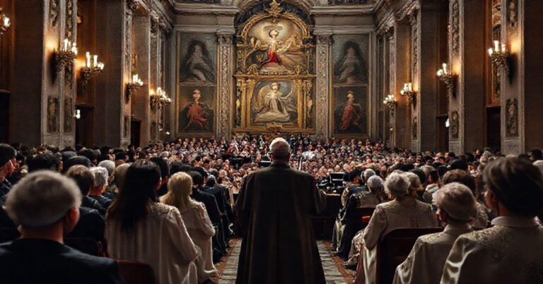 Wnętrze tradycyjnego kościoła katolickiego podczas koncertu w Watykanie z Leonem XIV na scenie.