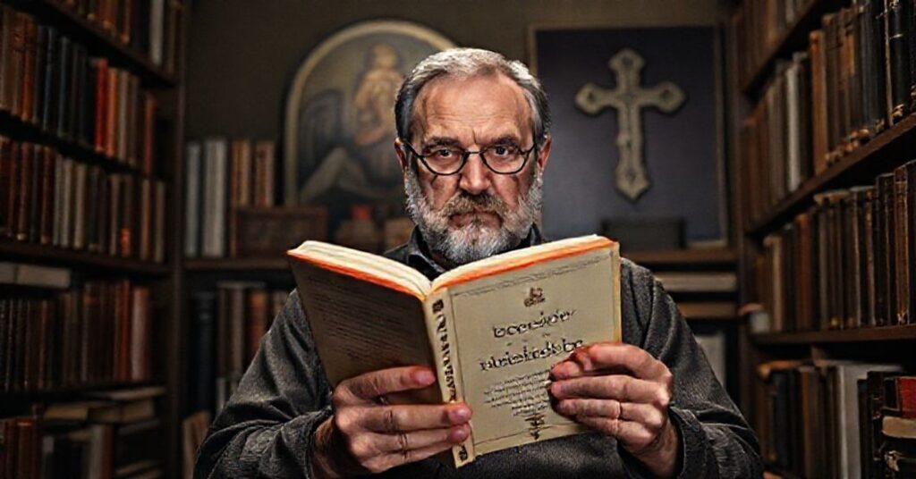 Portret filozofa Konstantyna Sigowa w bibliotecznej atmosferze z bookami o muzyce i teologii.