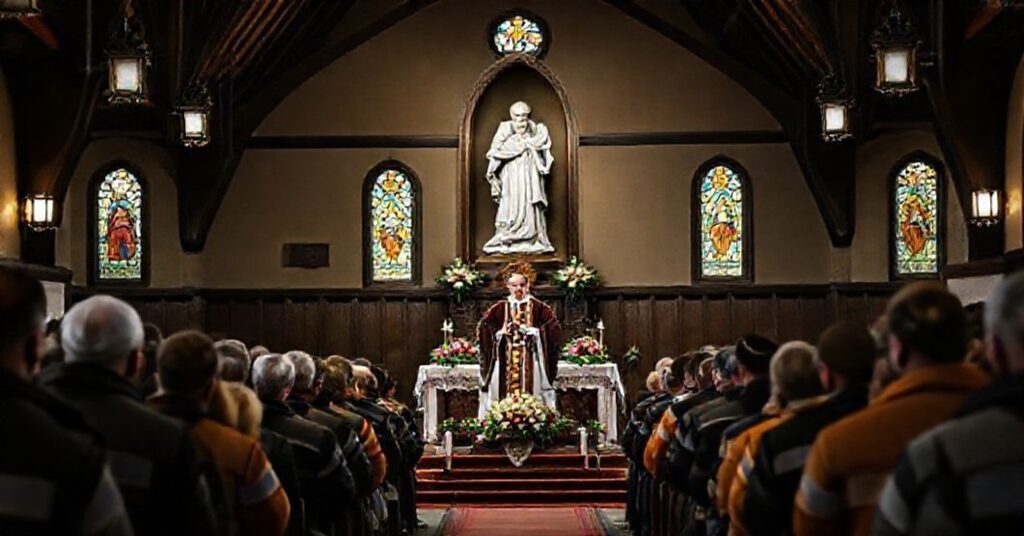 Zebranie górników z rodziną w kościele w Mysłowicach podczas pseudoliturgii z udziałem modernistycznego "arcybiskup"a Andrzeja Przybylskiego