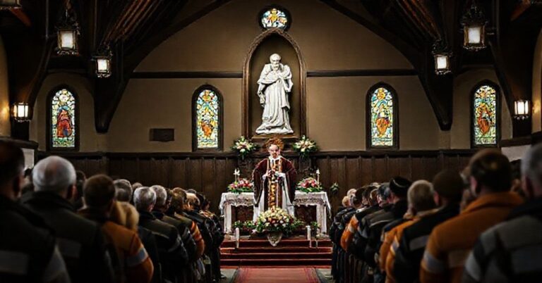 Zebranie górników z rodziną w kościele w Mysłowicach podczas pseudoliturgii z udziałem modernistycznego "arcybiskup"a Andrzeja Przybylskiego