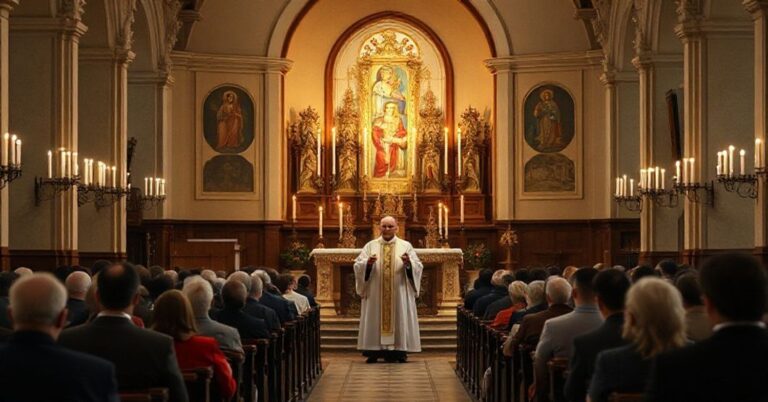Sobór katolicki z tradycyjnym ołtarzem i księdzem w sutannie podczas nabożeństwa adwentowego.