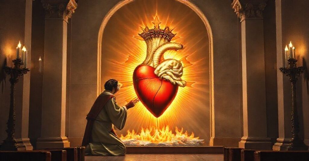 Tradycyjny obraz Najświętszego Serca Jezusa z koroną cierniową i płomieniami w kaplicy w stylu przed soborowym z klęczącym wiernym w tradycyjnym stroju.