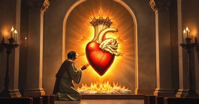 Tradycyjny obraz Najświętszego Serca Jezusa z koroną cierniową i płomieniami w kaplicy w stylu przed soborowym z klęczącym wiernym w tradycyjnym stroju.