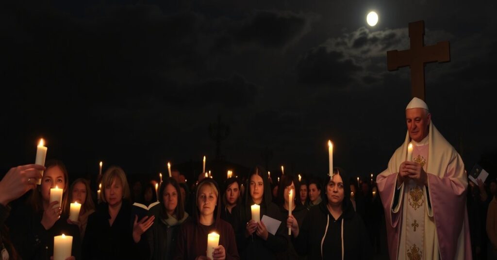 Tradycyjne nabożeństwo Gorzkich Żalów w Polsce - procesja z kapłanem w ornaty i wiernymi z zapalonymi świecami pod ciemnym niebem.